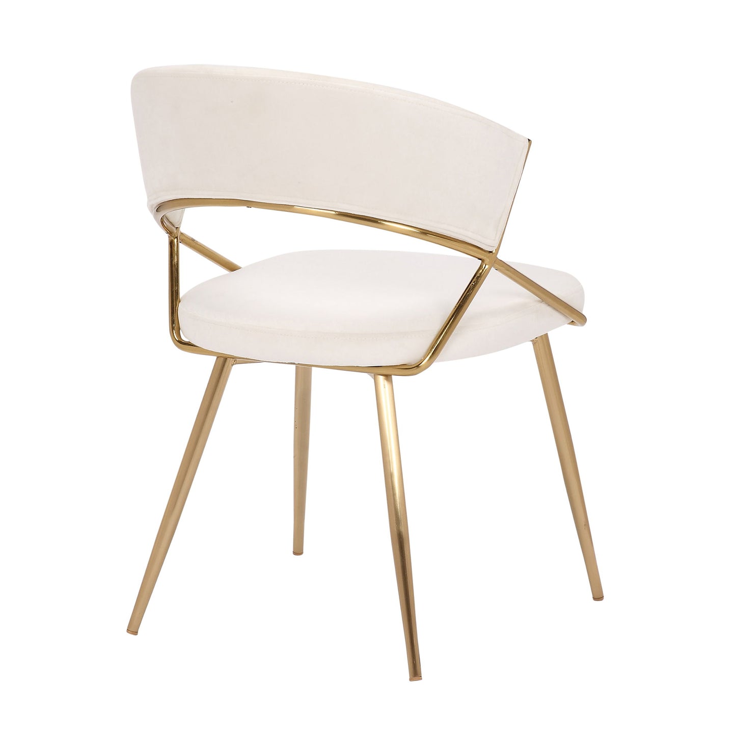The Jie - Glam Dining Chair (Set of 2) features a modern white upholstered seat, gold metal legs and frame, a curved backrest, and an open-back design, displayed from a rear side angle against a white background.