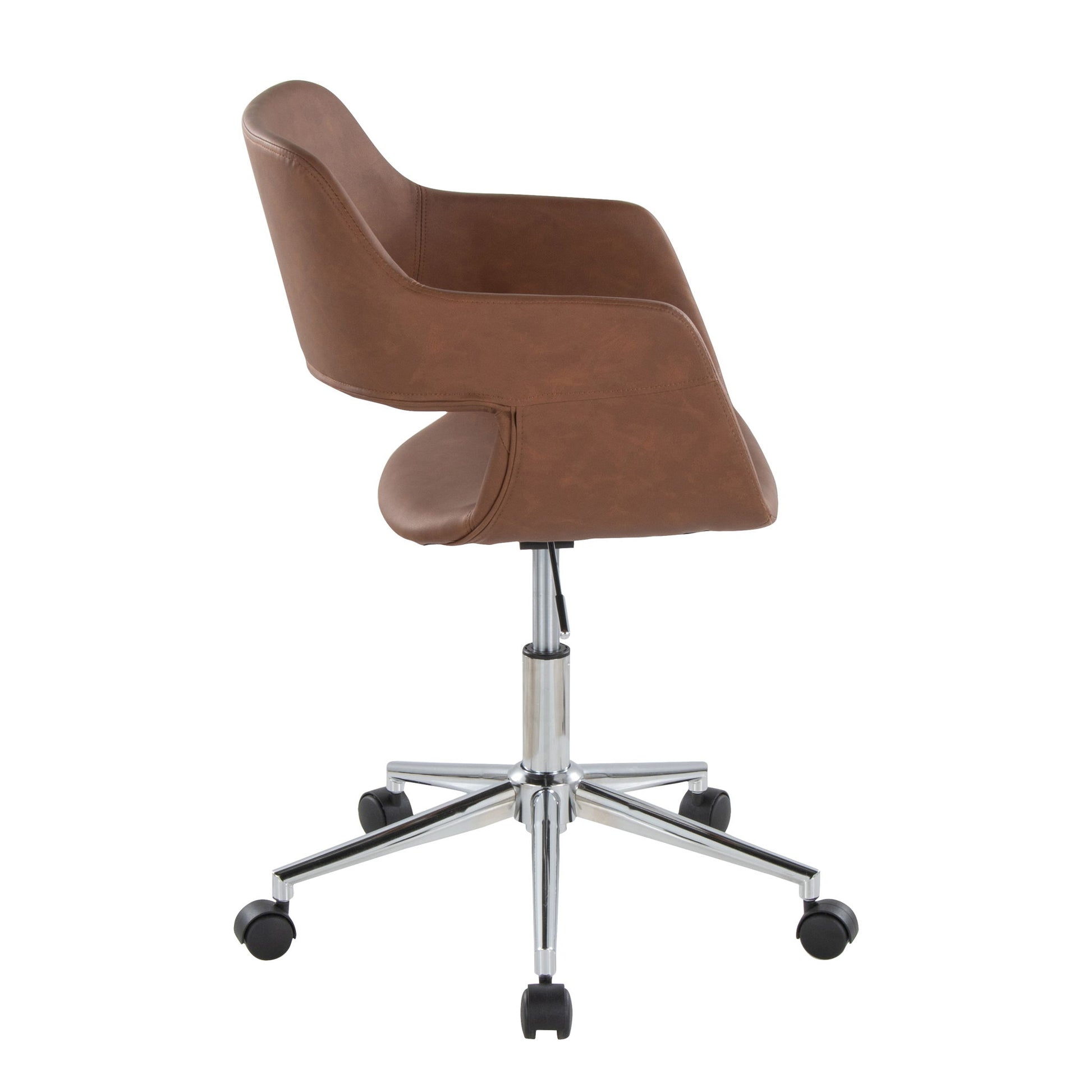 The Margarite - Contemporary Office Task Chair features a brown leather finish, curved backrest and seat, and is mounted on a chrome five-wheel base, shown from a side angle.
