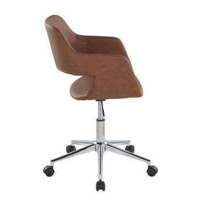 The Margarite - Contemporary Office Task Chair features a brown leather finish, curved backrest and seat, and is mounted on a chrome five-wheel base, shown from a side angle.
