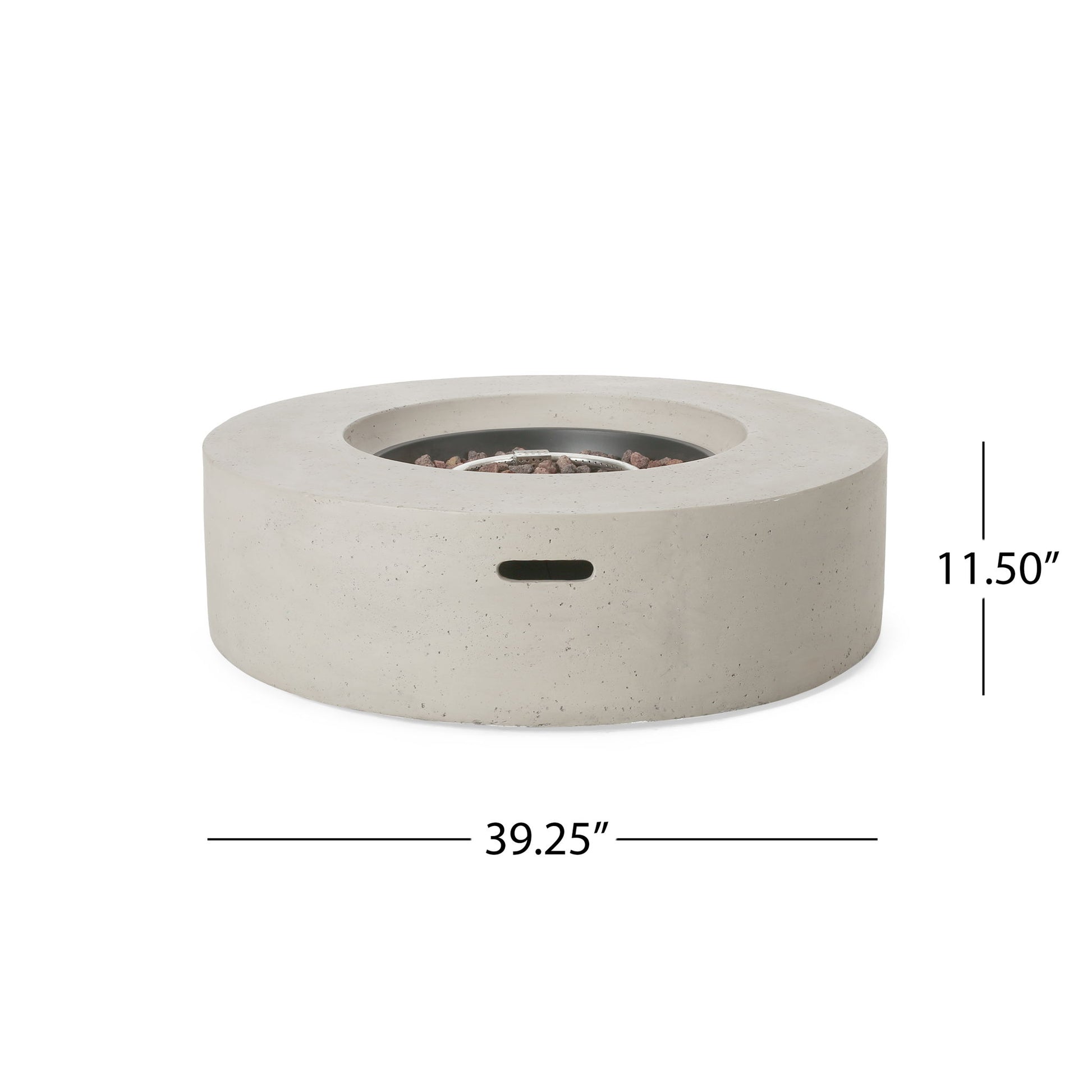 The Modern Lightweight Concrete Outdoor Circular Fire Pit 50,000 Btu features a round, light gray design with a smooth finish, measures 39.25" in diameter by 11.5" high, and has a small rectangular cutout on its side.