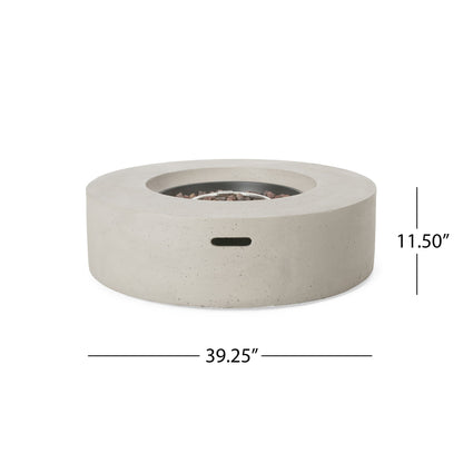 The Modern Lightweight Concrete Outdoor Circular Fire Pit 50,000 Btu features a round, light gray design with a smooth finish, measures 39.25" in diameter by 11.5" high, and has a small rectangular cutout on its side.