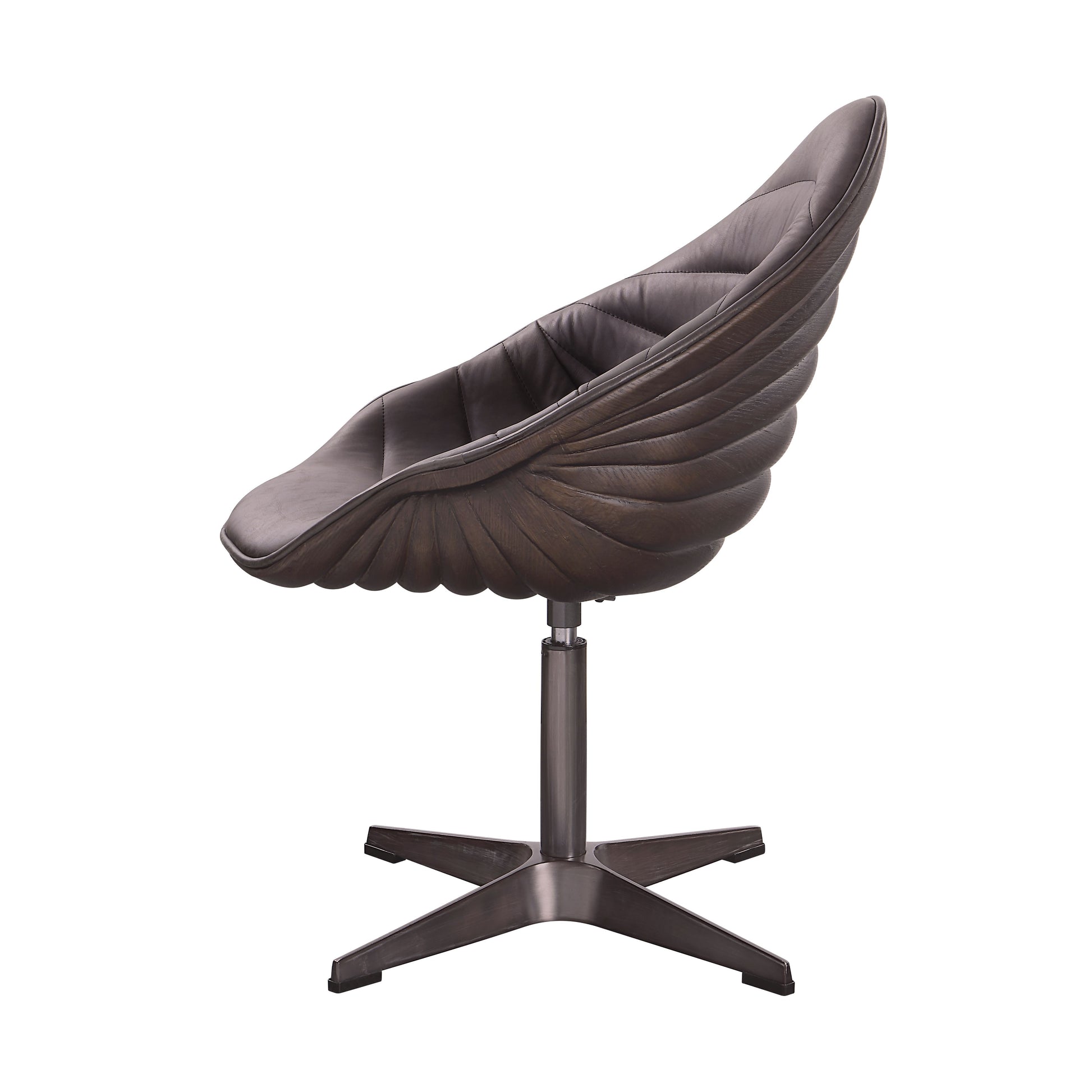 The Couch.com Pipino Top Grain Leather Accent Chair features a modern swivel design with a sculpted backrest, dark brown faux leather upholstery in Antique Ebony, and a sturdy metal four-leg base.