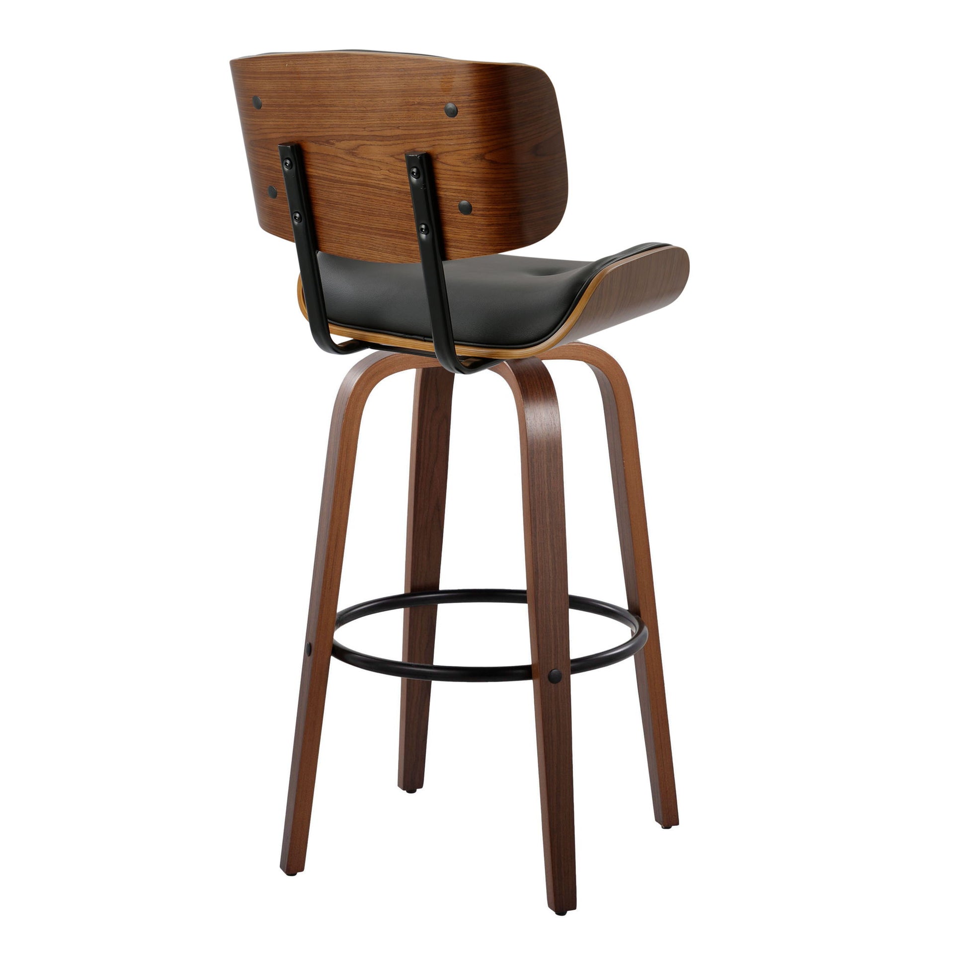 The Lombardi Mid-Century Modern Barstool (Set of 2) features a curved wooden backrest, black cushioned seat, black metal supports, and four wooden legs joined by a round black metal footrest.
