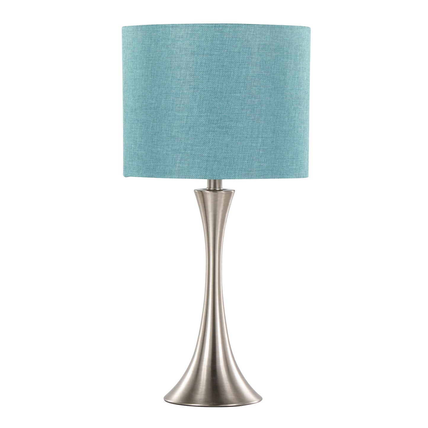 The Lenuxe - Contemporary Semi Gloss Table Lamp (Set of 2) features a brushed metal base with a cylindrical teal fabric shade, shown against a white background.
