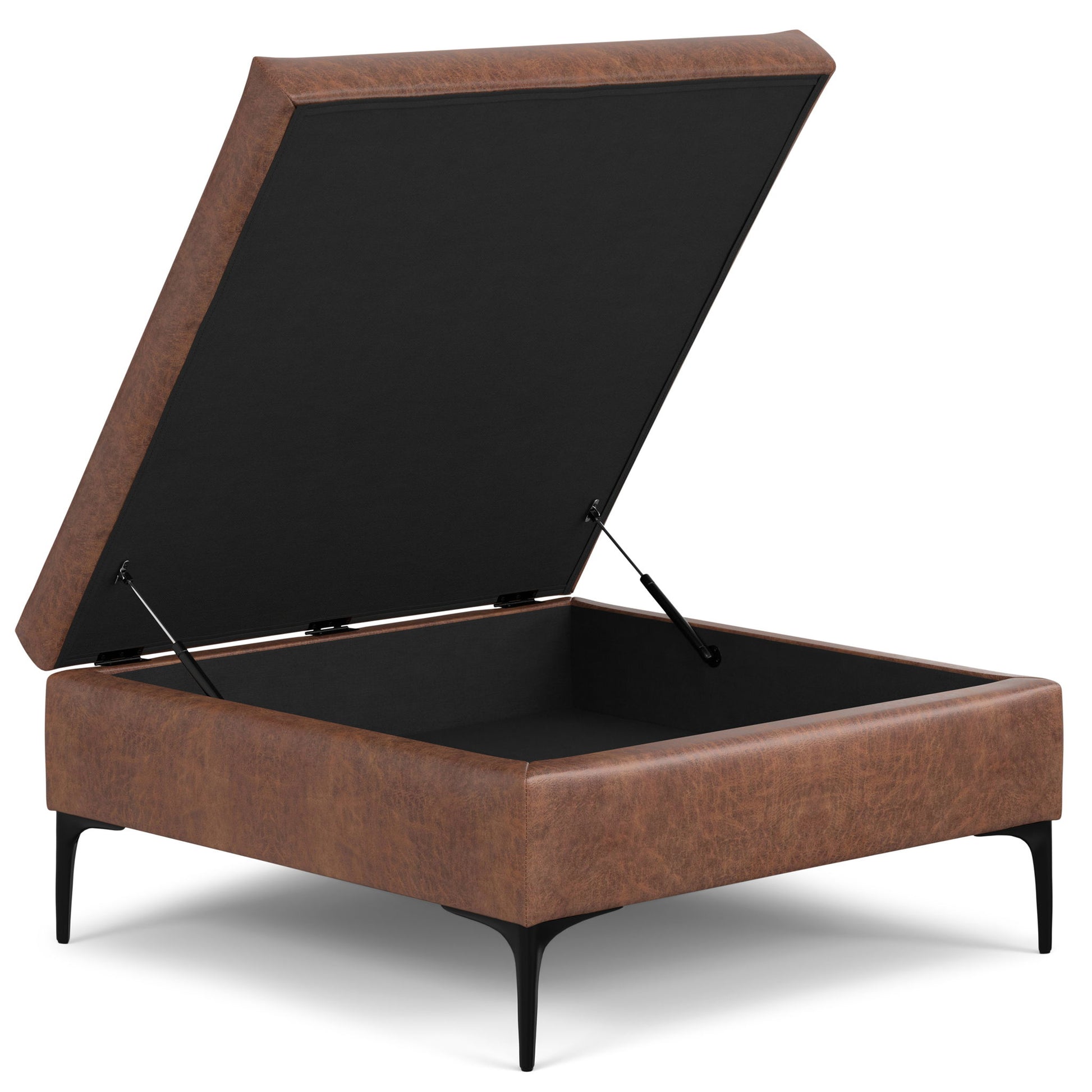 The Rebecca Multifunctional Coffee Table Storage Ottoman features a brown leather finish, black metal legs, and a lift-up lid for interior storage; shown on a white background.