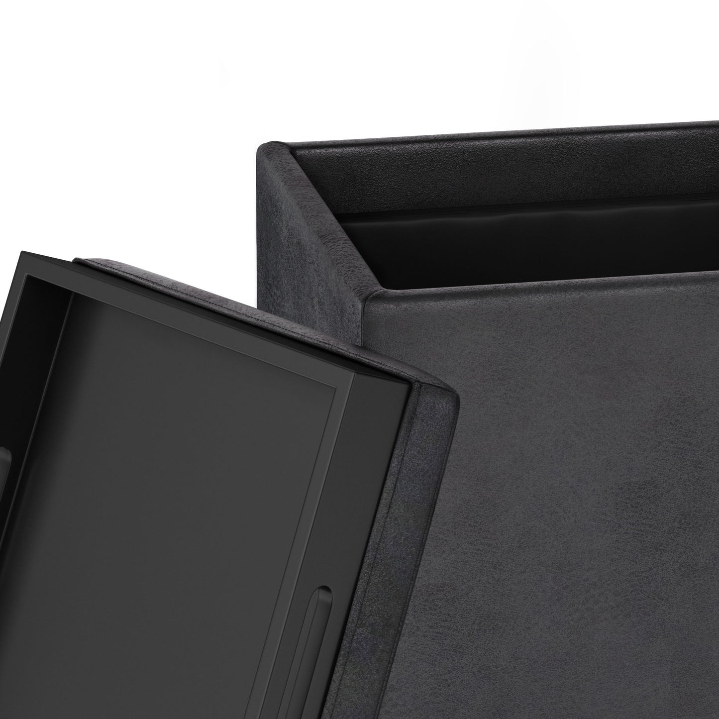A close-up of the Rockwood Upholstered Cube Storage Ottoman With Tray, a black, matte-finish cube with a hinged lid partially open, revealing a smooth interior. Its simple, modern design makes it both stylish and functional for storage.