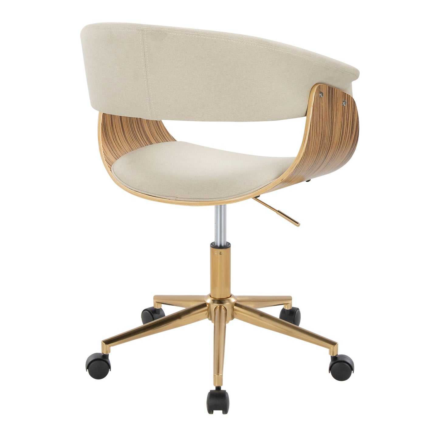 The Vintage Mod - Mid-Century Modern Office Chair features a beige cushioned seat and backrest, curved wooden accents, a gold metal base with five black caster wheels, and an adjustable height lever for comfort.