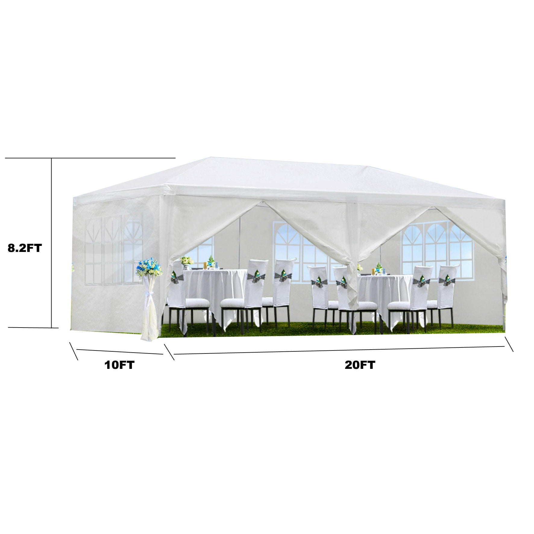 The 10x20' Outdoor Garden Gazebo Wedding Party Tent Canopy Marquee with Removable Sidewalls is set up on grass, featuring transparent windows and decorated tables and chairs inside. The white tent measures 8.2 ft high, 10 ft wide, and 20 ft long.