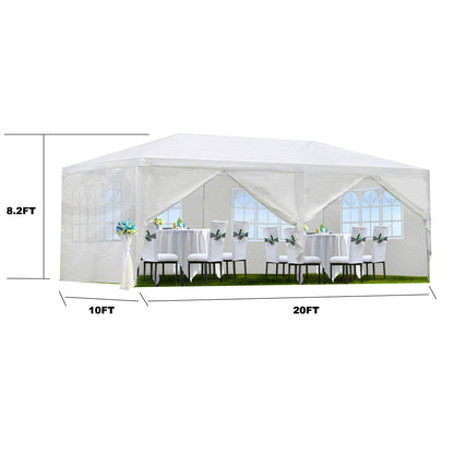 The 10x20' Outdoor Garden Gazebo Wedding Party Tent Canopy Marquee with Removable Sidewalls is set up on grass, featuring transparent windows and decorated tables and chairs inside. The white tent measures 8.2 ft high, 10 ft wide, and 20 ft long.