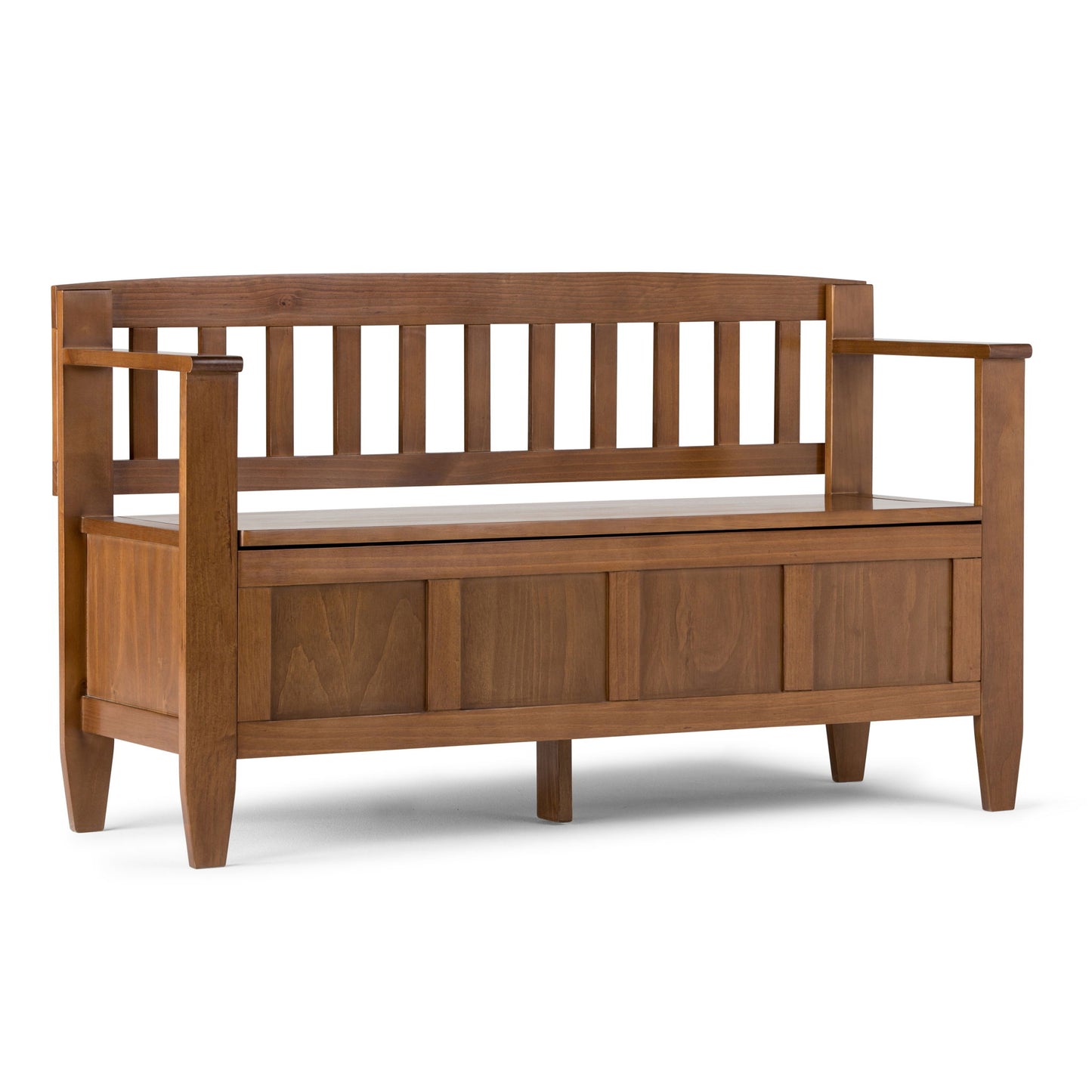 The Brooklyn Entryway Storage Bench in Medium Saddle Brown features a slatted backrest, straight armrests, built-in seat storage, and a simple, classic design with a warm brown finish.