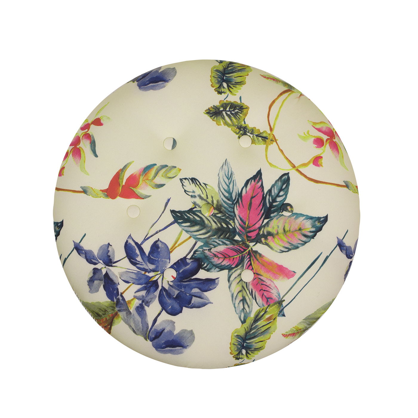 The Yolanda Round Upholstered Accent Ottoman features a cream finish and a colorful floral design with pink, blue, green, and yellow leaves and flowers. Five small holes are arranged in a circle on its surface.