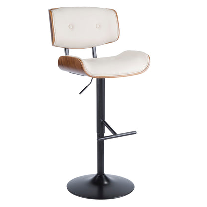 The Lombardi Mid Century Modern Adjustable Barstool features a curved wooden frame, cream cushioned seat and backrest, plus a black metal pedestal base with footrest.