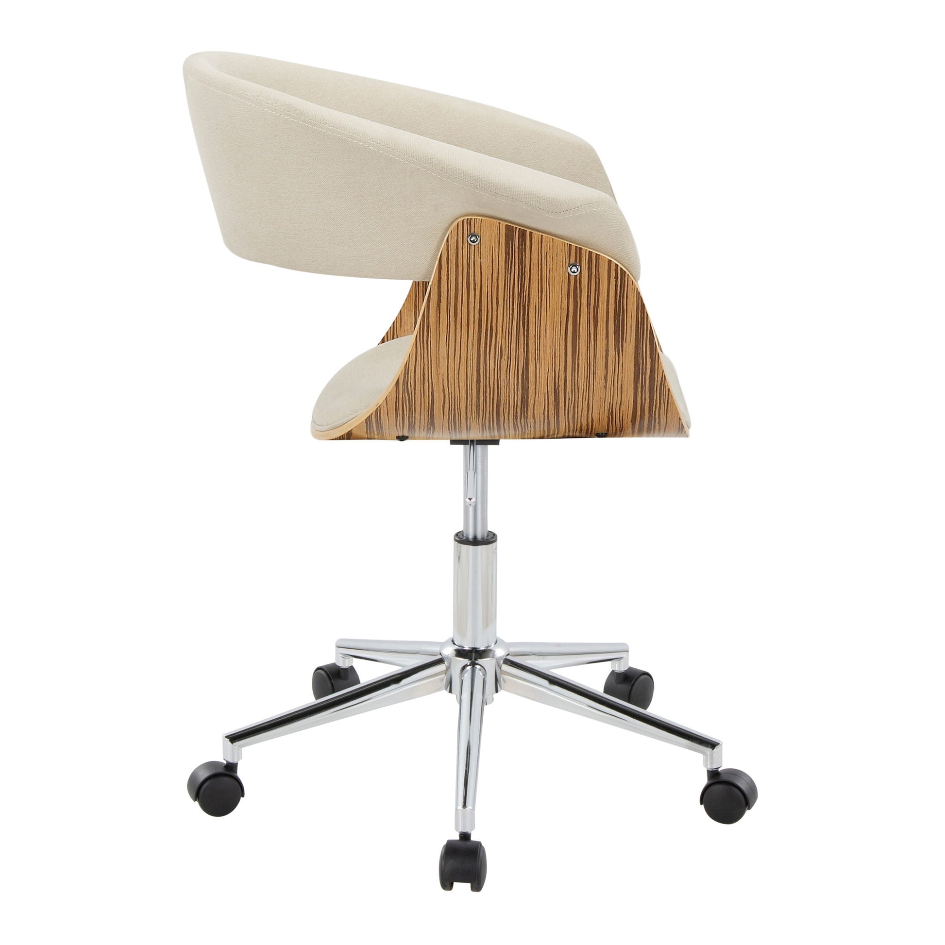 The Vintage Mod - Mid-Century Modern Office Chair features a beige upholstered seat, curved wooden backrest, and chrome metal base with five caster wheels, shown in a side view.