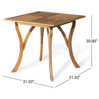 The Outdoor Rectangular Table features curved legs and a tabletop with perpendicular wooden slats, measuring 31.5"W x 31.5"D x 30"H.