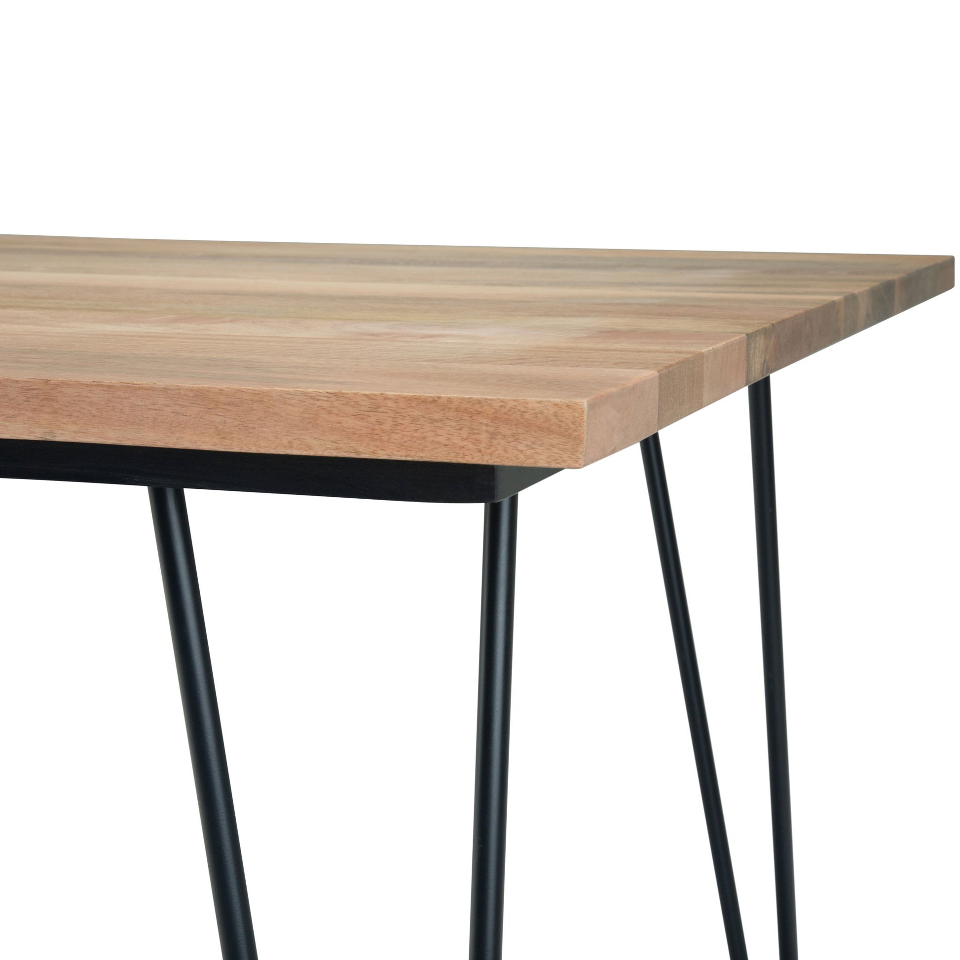 The Hunter - Square Tabletop Dining Table features a wooden top with slim black metal hairpin legs, displayed from a corner angle against a plain white background.