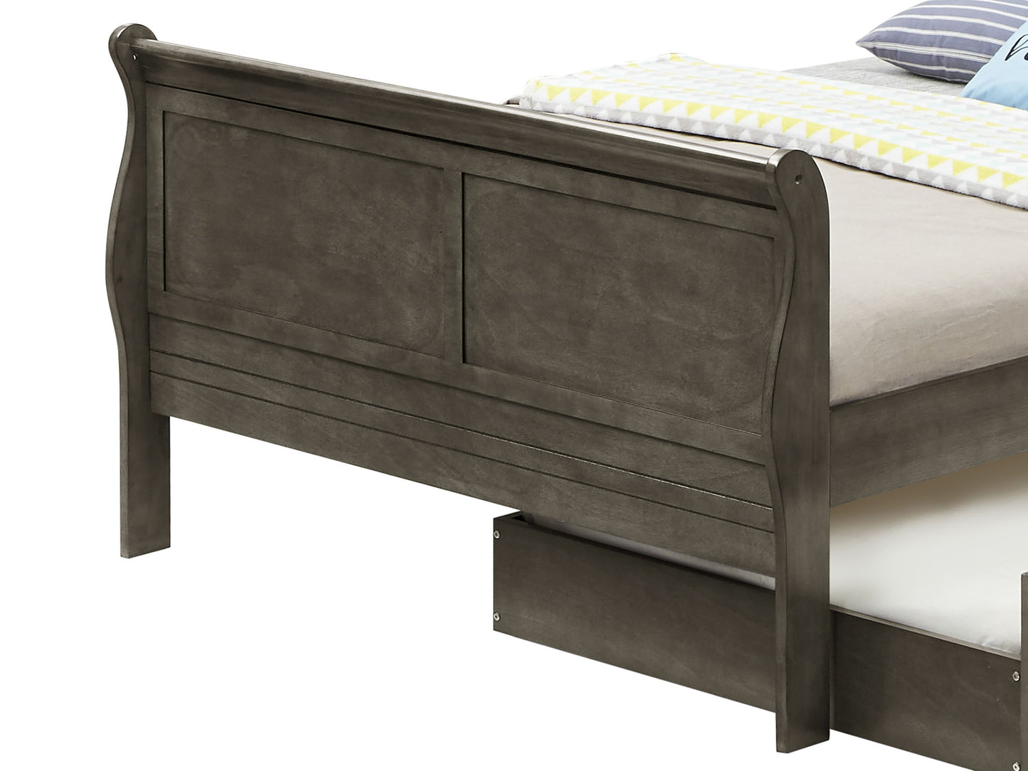 The Elegant Trundle Bed With Timeless Charm features a gray wooden frame, high footboard, paneled detailing, and a glimpse of mattress and bedding visible at the top right corner.