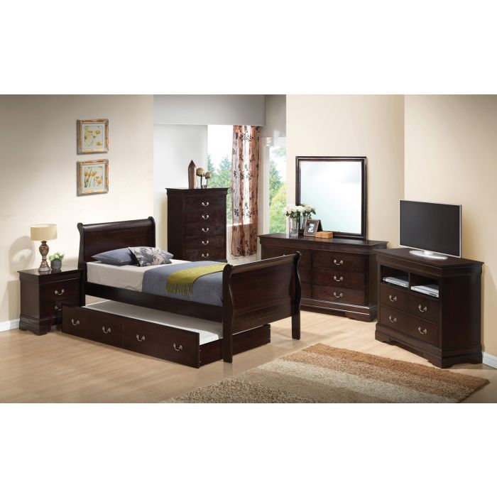 Bedroom features dark wood furniture, including the Elegant Trundle Bed With Timeless Charm, a nightstand, tall dresser, wide dresser with mirror, and TV stand. The room has light walls, framed art, a lamp, and a large window with curtains.