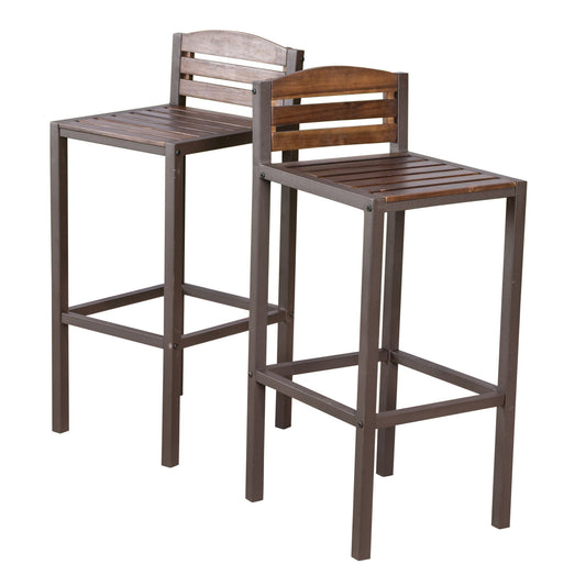 The Outdoor Barstool With Slat Panel Design (Set of 2) - Dark Brown features two tall bar stools with slatted seats and backs, sturdy metal frames, and a side-by-side arrangement facing slightly left.