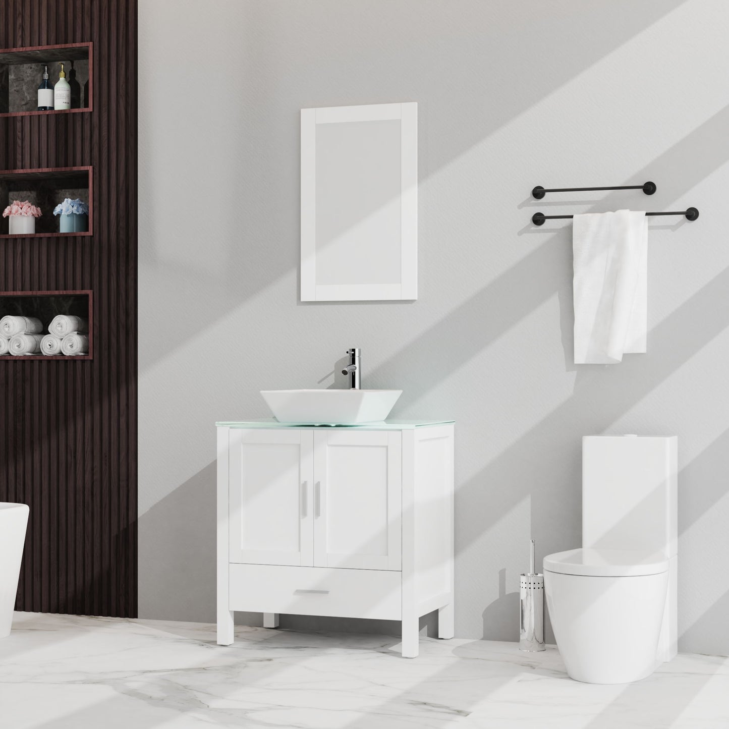 Minimalist white bathroom featuring the Bathroom Vanity And Sink Combo Glass Top Cabinet With Mirror, a wall-mounted towel rack with a white towel, toilet, built-in shelves for towels and toiletries, and sunlight casting gentle shadows.