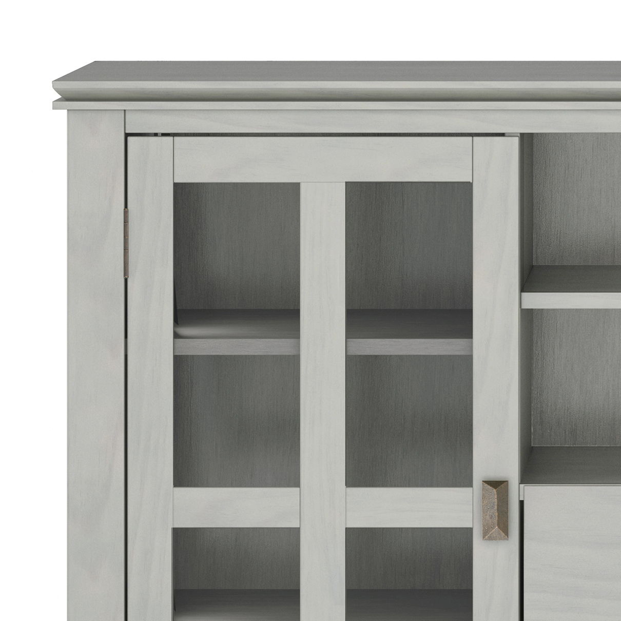 Cropped view of the Artisan Handcrafted Tall TV Media Stand in light gray, featuring a glass-paneled door with a grid-frame design, metal handle, and visible interior shelves.