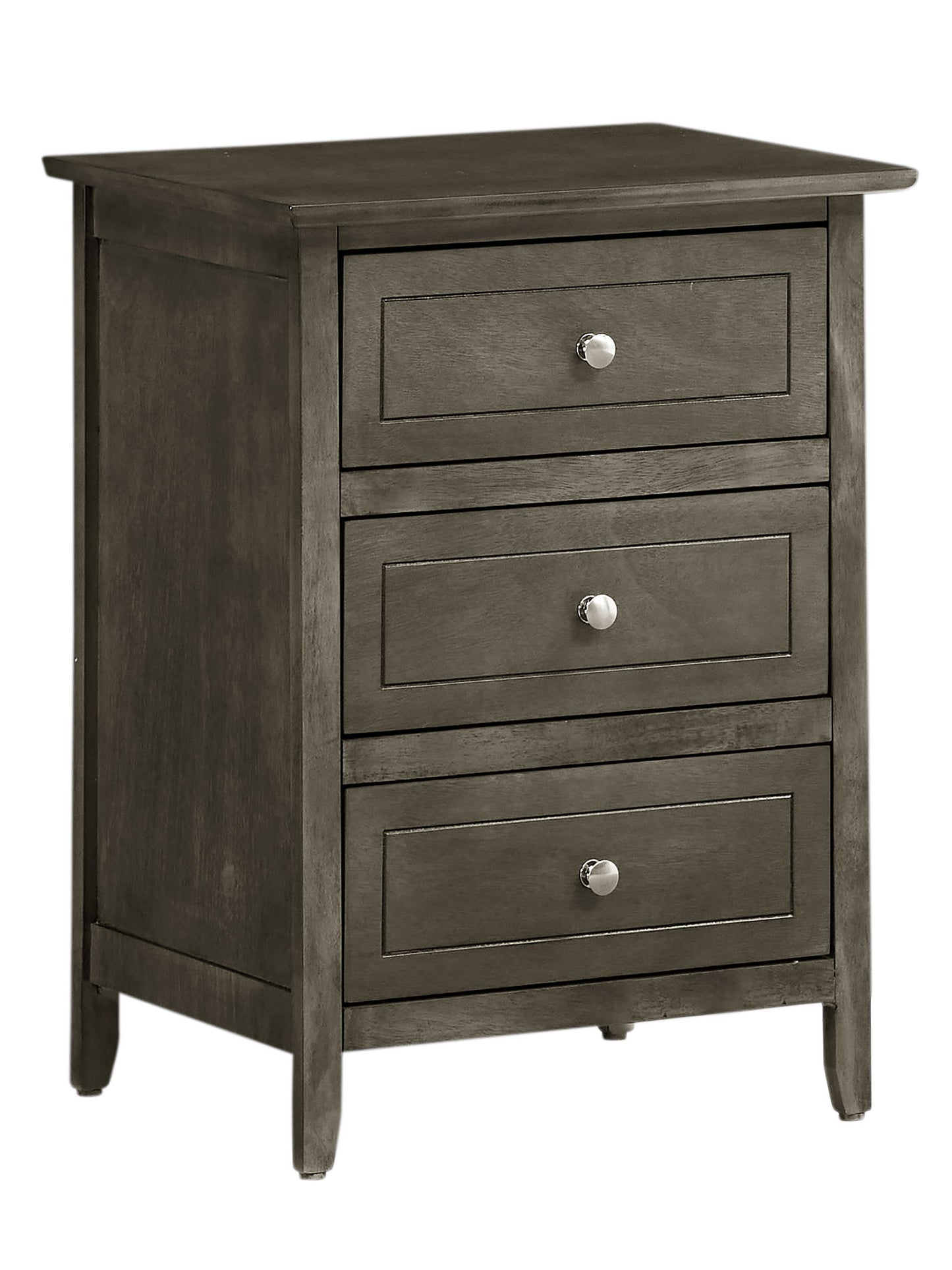 The Daniel 3 Drawer Nightstand features a dark wood finish, three drawers with round metal knobs, and boasts a simple modern design with clean lines and slightly flared legs.