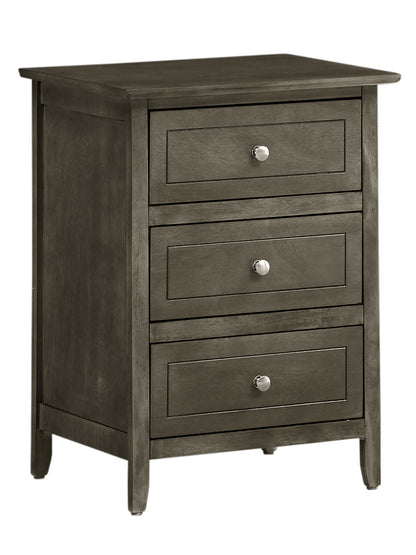 The Daniel 3 Drawer Nightstand features a dark wood finish, three drawers with round metal knobs, and boasts a simple modern design with clean lines and slightly flared legs.