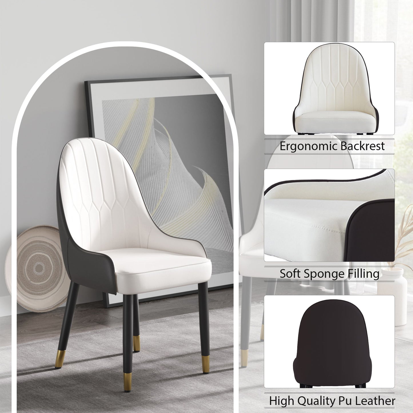The Modern PU Sponge-Filled Dining Chair (Set of 2) features a white cushioned seat/backrest, black/gold solid wood metal legs, ergonomic design, and high-quality PU leather. Ideal for restaurants, living rooms, or bedrooms. Modern décor shown in background.