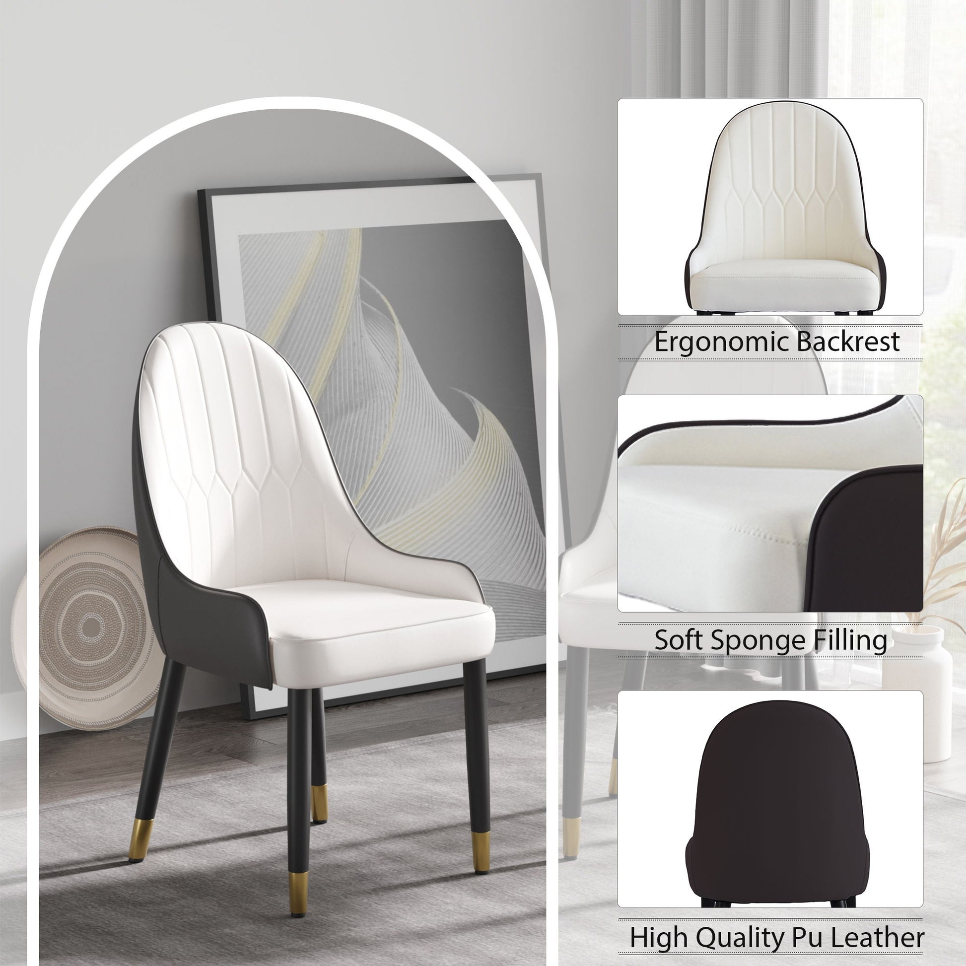 The Modern PU Sponge-Filled Dining Chair (Set of 2) features a white cushioned seat/backrest, black/gold solid wood metal legs, ergonomic design, and high-quality PU leather. Ideal for restaurants, living rooms, or bedrooms. Modern décor shown in background.