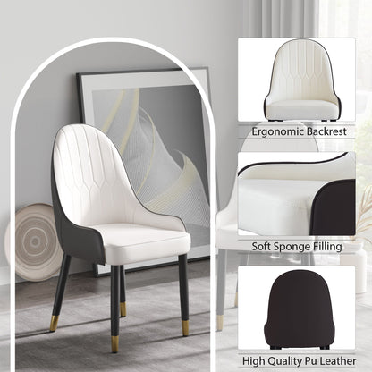 The Modern PU Sponge-Filled Dining Chair (Set of 2) features a white cushioned seat/backrest, black/gold solid wood metal legs, ergonomic design, and high-quality PU leather. Ideal for restaurants, living rooms, or bedrooms. Modern décor shown in background.