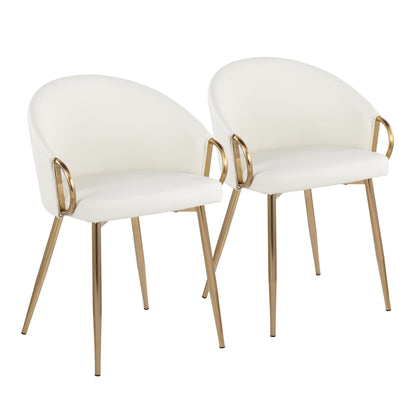 Two Claire - Contemporary Glam Chairs with white upholstered seats and backs, curved gold metal armrests, and four slender gold legs are displayed against a plain white background.