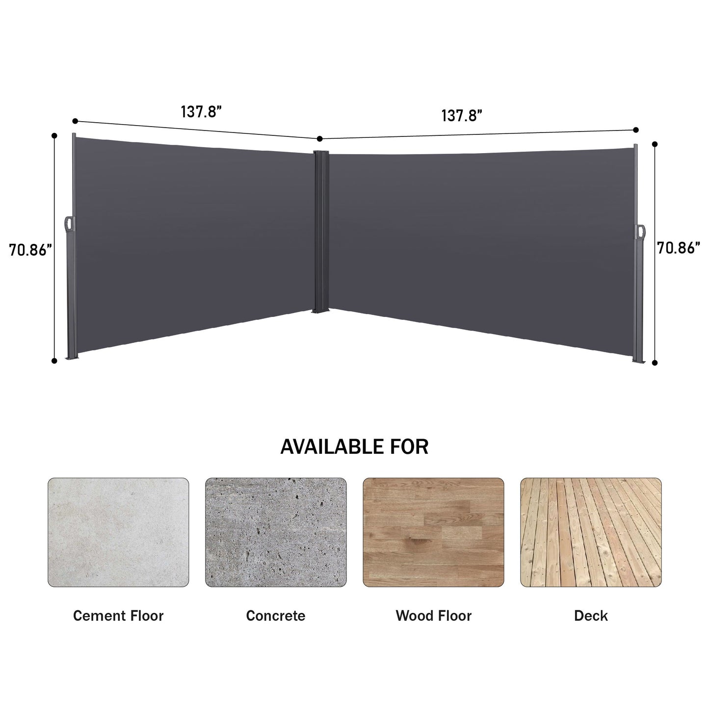 Diagram of the Retractable Side Awning (Gray), a waterproof, UV-resistant privacy screen divider measuring 70.86" tall by 137.8" wide per side, with icons for use on cement, concrete, wood floors, and decks.