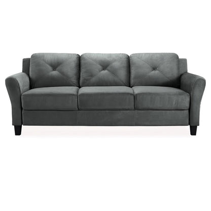 The iLounge Harvard Microfiber Sofa, a three-seater in gray with cushioned backrests and armrests and dark wooden legs, is set against a plain white background.