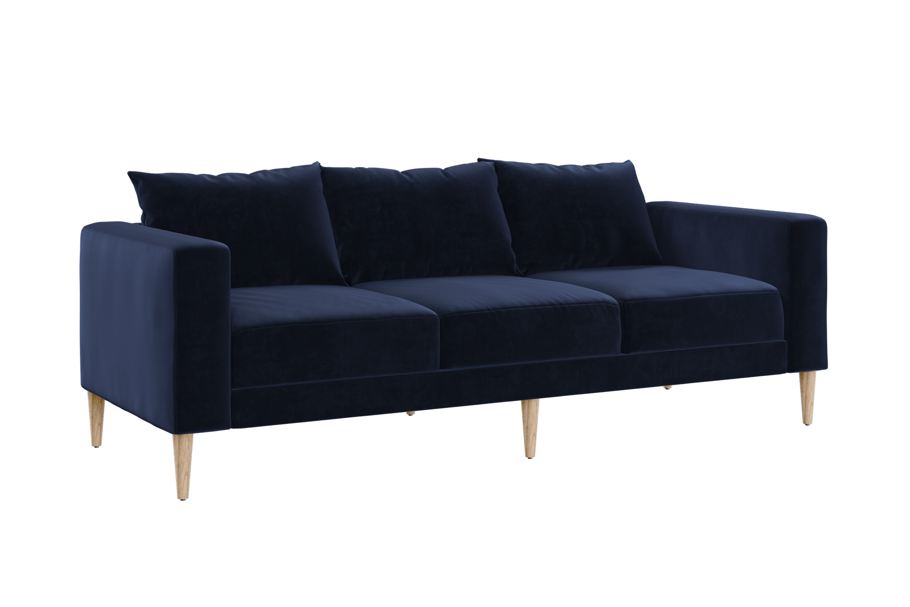 The Essential Sofa features a sleek, modern design with navy blue velvet upholstery, three cushions, and wooden legs, all set against a white background.