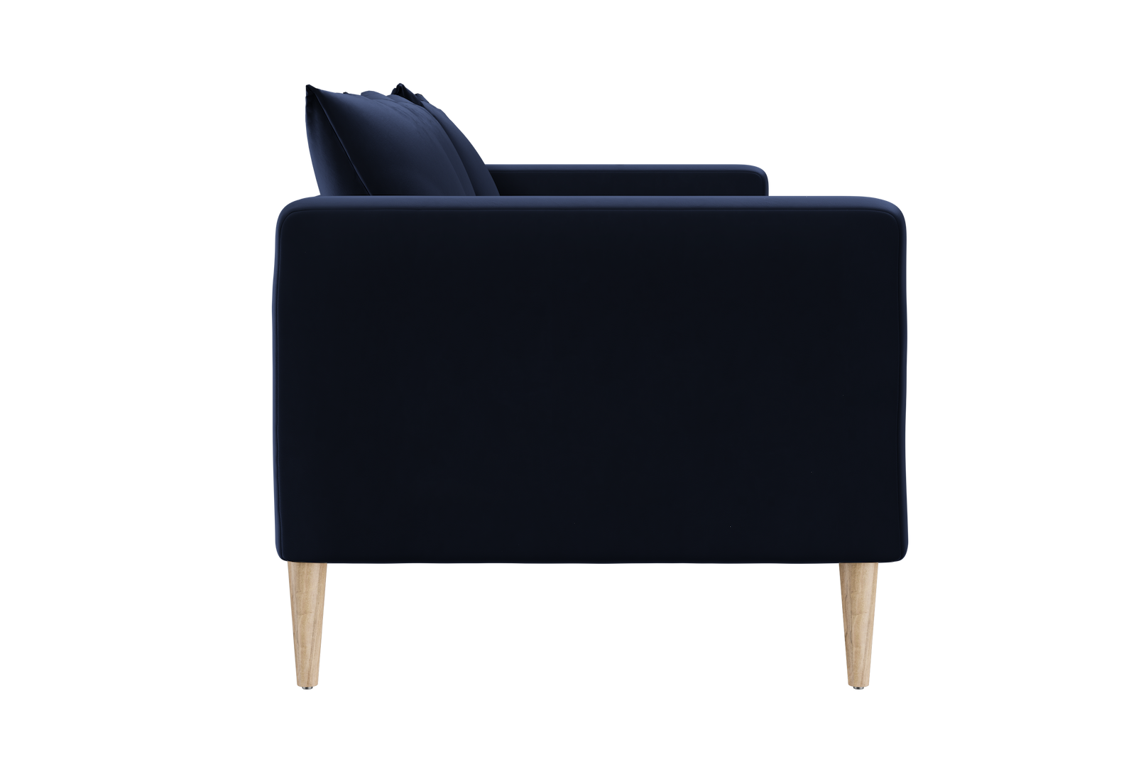 Side view of The Essential Sofa, showcasing its modern design in dark blue with clean lines and two plush cushions. It features sleek, light wooden legs, enhancing its elegant and contemporary appearance.