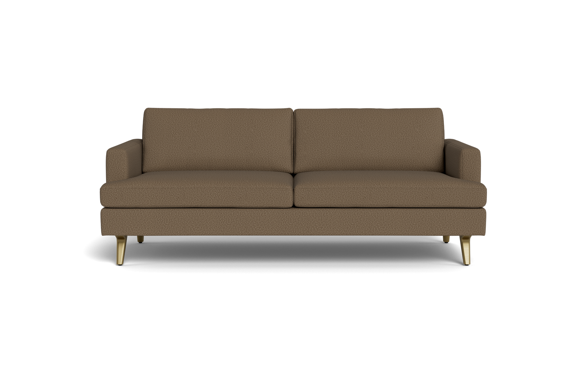 The Lido Sofa 75" is a modern brown fabric sofa with two seat and back cushions, narrow armrests, and short gold legs, displayed against a plain black background.