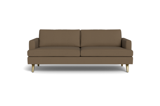 The Lido Sofa 75" is a modern brown fabric sofa with two seat and back cushions, narrow armrests, and short gold legs, displayed against a plain black background.