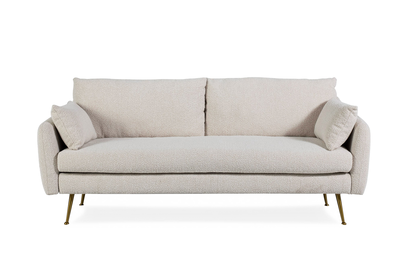 The Park Sofa is a modern light beige upholstered sofa with two seat and back cushions, two side pillows, and slim gold metal legs, displayed against a plain black background.