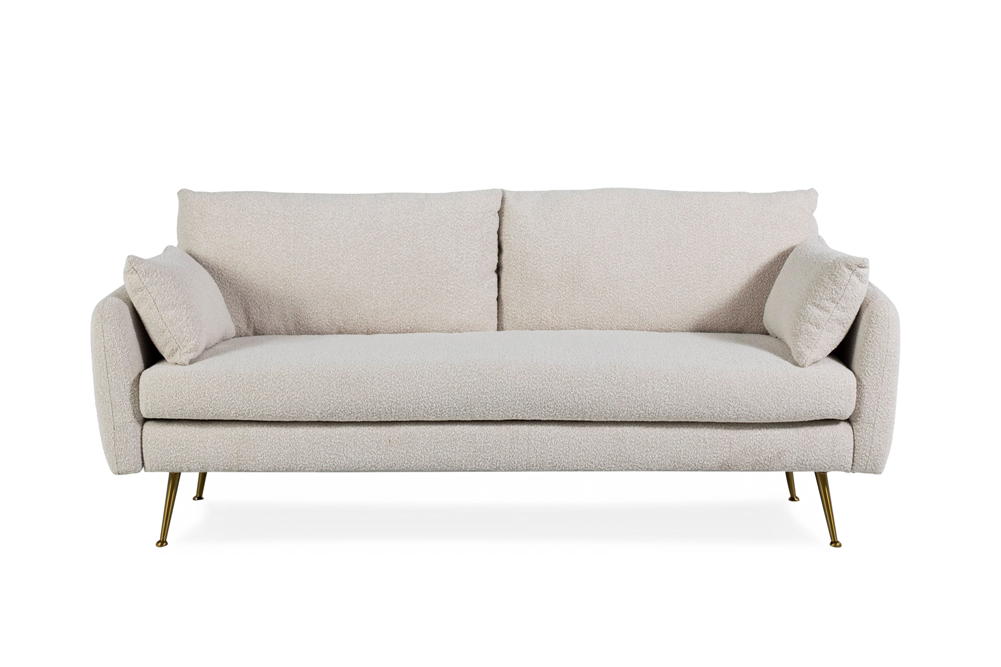 The Park Sofa is a modern light beige upholstered sofa with two seat and back cushions, two side pillows, and slim gold metal legs, displayed against a plain black background.