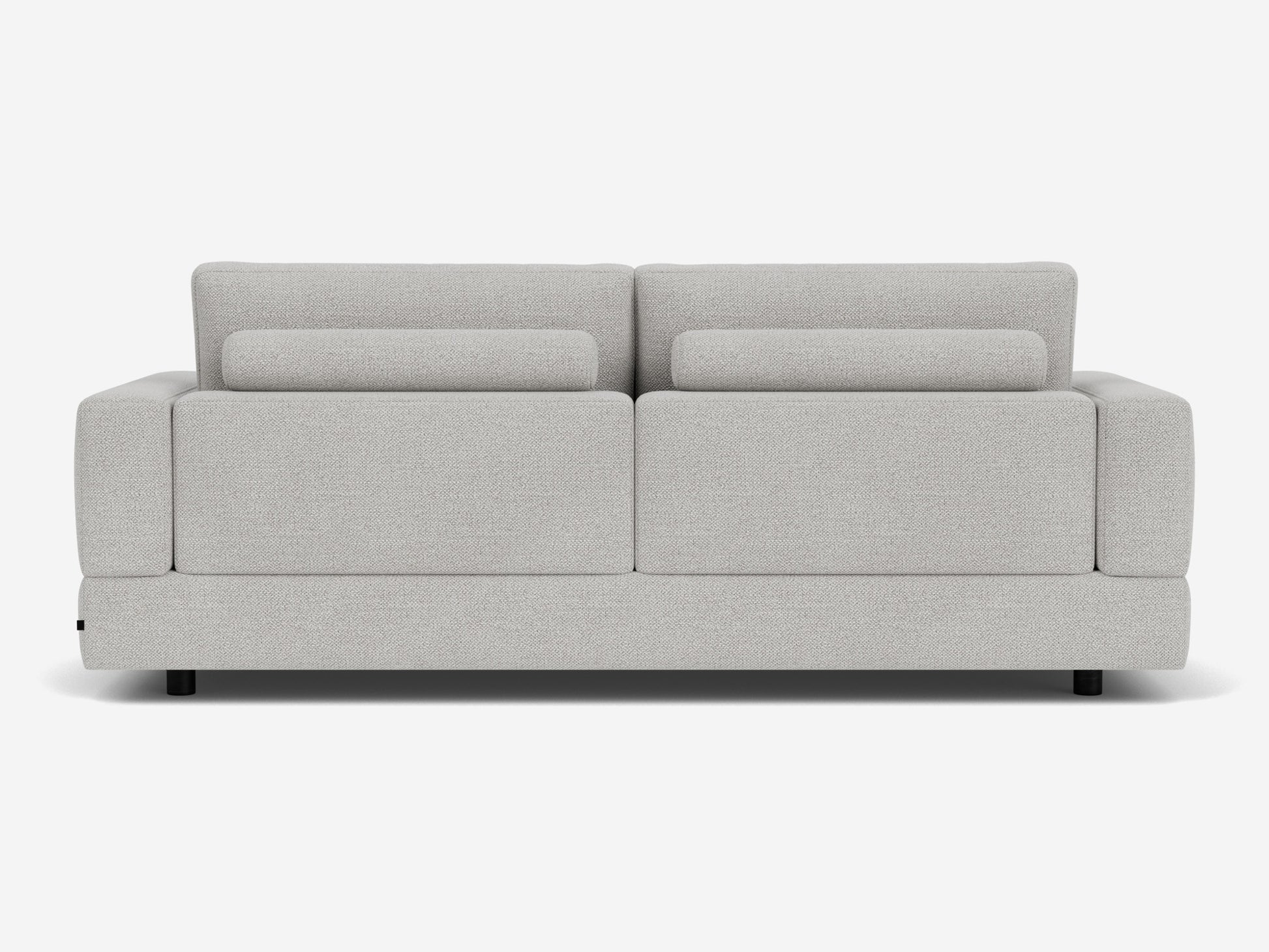 The Stage Track Sofa features a modern, light gray design with a minimalist aesthetic. It has a rectangular shape, two attached back cushions, and short black legs. The upholstery is soft and textured, making it an excellent addition to any contemporary living space.