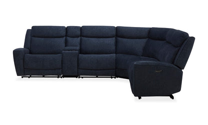 Introducing the Palmeri Denim Power 6-Piece Sectional, a sleek and comfortable dark blue fabric sofa with a modern design. This sectional features a central console equipped with cup holders and offers a reclining feature on both end seats, making it an ideal addition to any contemporary living room.